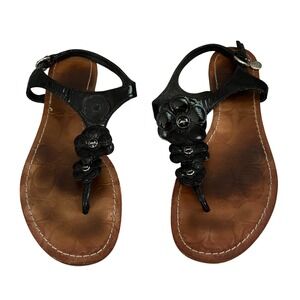 Coach Thong Sandals Womens 10 Black Patent Leather Floral Accents Q2401/10